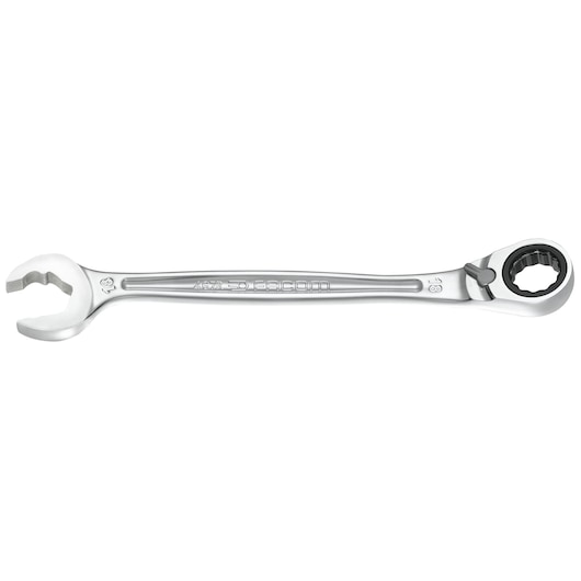 Facom 467BR_16 ratcheting flare nut wrench, silver, angled top view on white background.