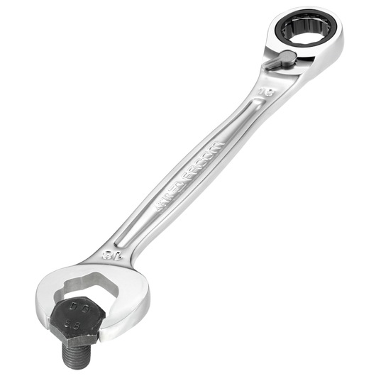 Photo of Facom 467BR_16 combination ratcheting spanner, silver finish, angled on white background.
