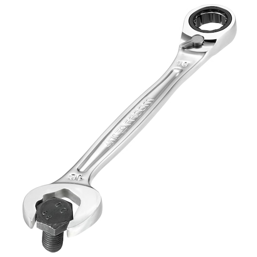 Photo of Facom 467BR_17 combination ratcheting wrench in chrome finish, angled on white background.