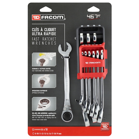 Photo of Facom 467BR.JP10PB fast ratchet wrench set, 10 pieces, in black and red packaging, front angle.