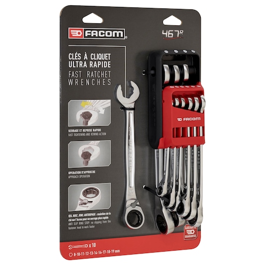 Facom 467BR.JP10PB fast ratchet wrench set, 10 pieces in red holder, frontal angle on white background.