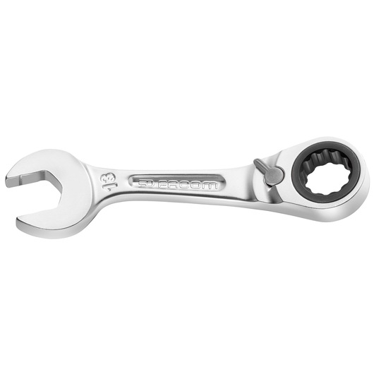 Facom 467BS14 ratcheting combination wrench, silver finish, side angle, photography category.