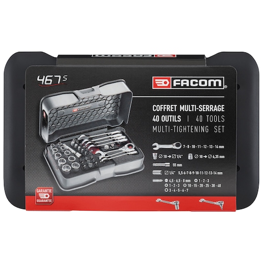 Facom 467BS.BOXPB multi-tightening tool set, 40 pieces in a black hard case, photographed from the front.