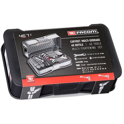 Facom 467BS.BOXPB multi-tightening hand tool set, 40 pieces, in black hard case, angled view on white background.