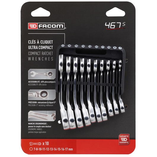Photo of Facom 467BS.JP10PB compact ratchet wrench set, 10 pieces, front view on black and red packaging.