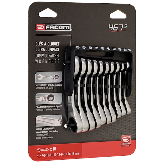 Facom 467BS.JP10PB compact ratchet wrench set, 10 pieces, silver wrenches in black holder, front angle.