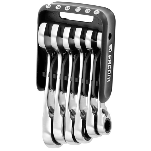 Facom 467BS.JP6PB ratcheting wrench set in black holder, front angle, chrome finish tools