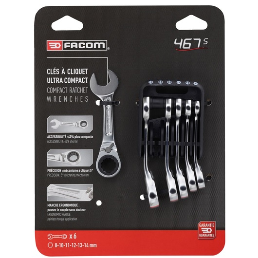 Facom 467BS.JP6PB compact ratchet wrenches set with six chrome wrenches in holder, front view on white background.