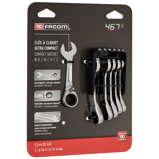 Facom 467BS.JP6PB compact ratchet wrench set, 6 pieces, sizes 8-14 mm, front angle, on retail packaging.