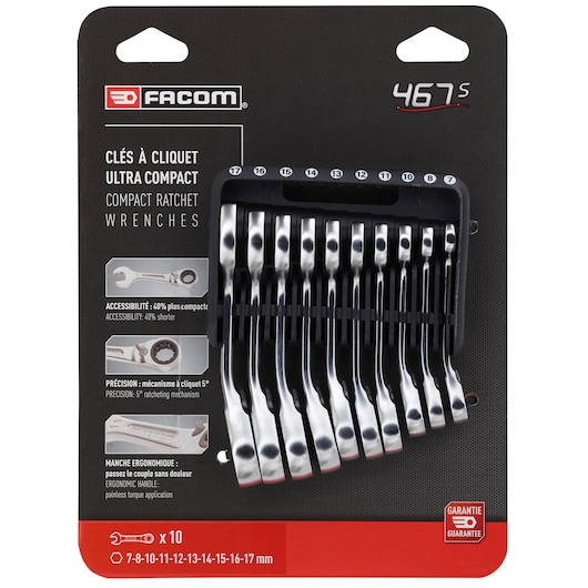 Short reversible ratchet wrench set, 10 pieces (8 to 14 mm) - Holder