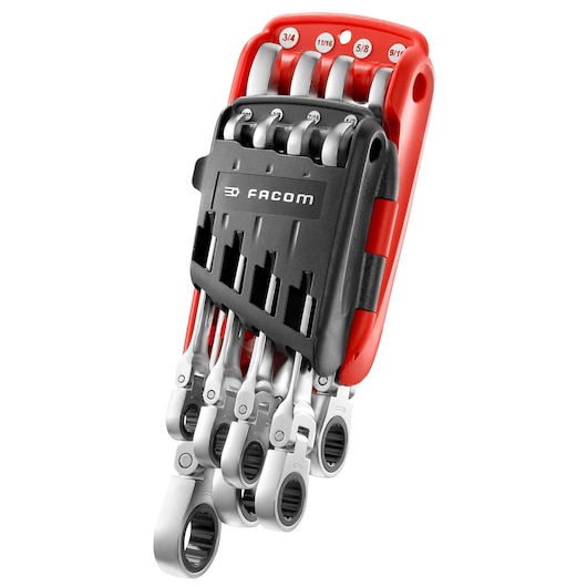 Facom ratcheting wrench set in red and black holder, five wrenches with visible size labels, angled view 467F_JPU8.