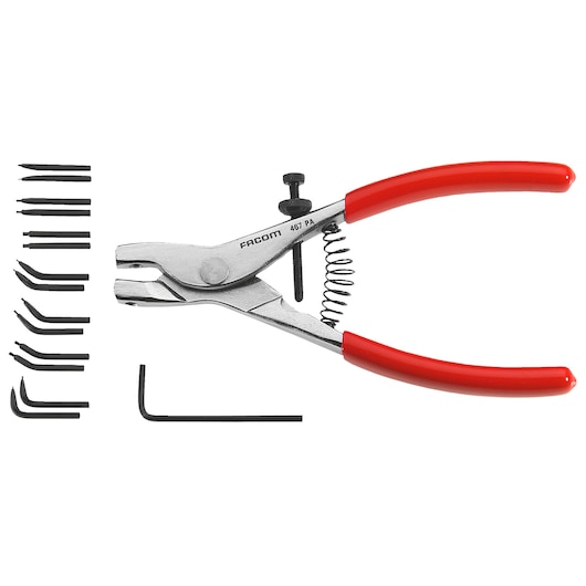 Facom 467 snap ring pliers with red handles and multiple interchangeable black tips, side view, white background.