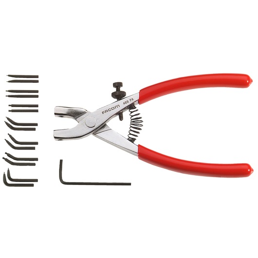 Facom 469 pliers with red handles and multiple interchangeable black tips, photography on white background.