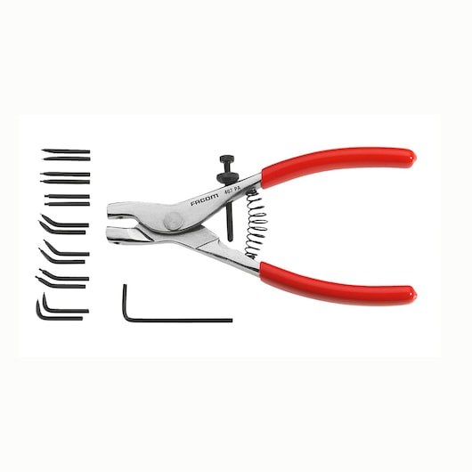 Facom 470_E2 photography of pliers with red handles and assorted black L-shaped pins, white background, side view.