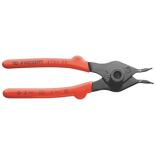 Facom 475A15 straight red and black snap ring pliers, side view, on white background.