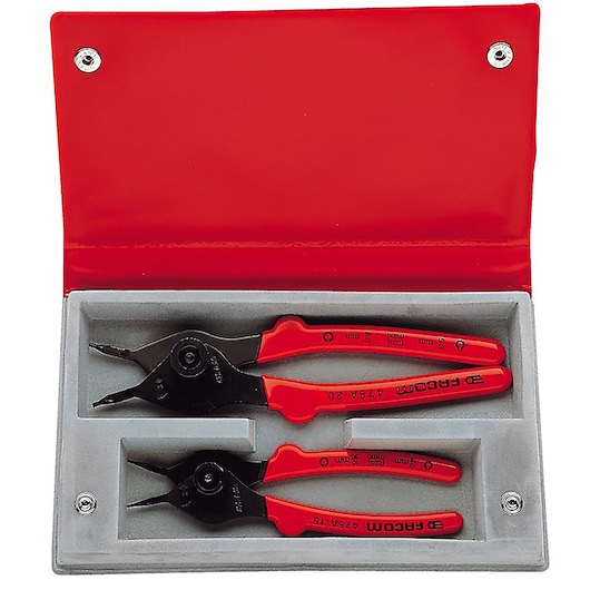 Facom 475A_J1 circlip plier set with red handles in a gray case, photo top view.
