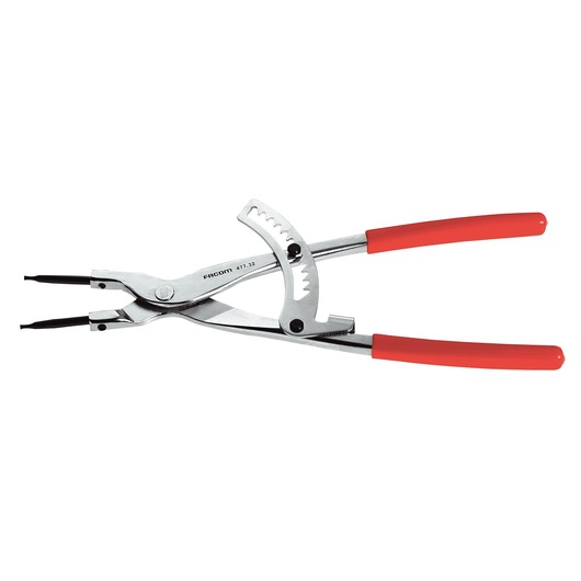 Facom 47732 snap ring pliers with silver body and red handles, side angle, on white background.