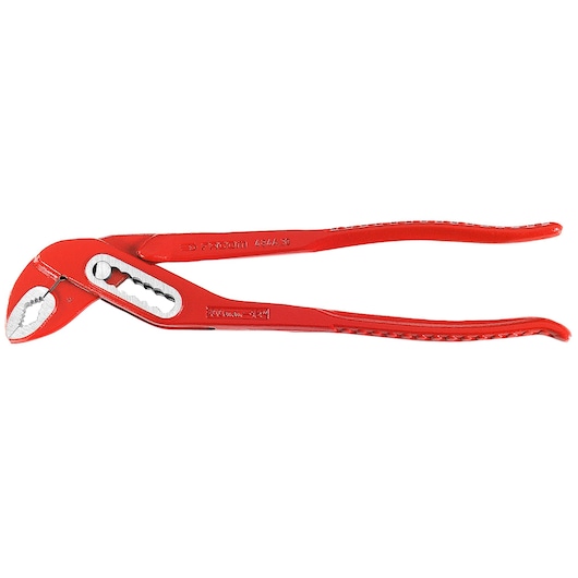 Facom 484A30 adjustable red water pump pliers, side view on white background, shows serrated jaws and angled handles.