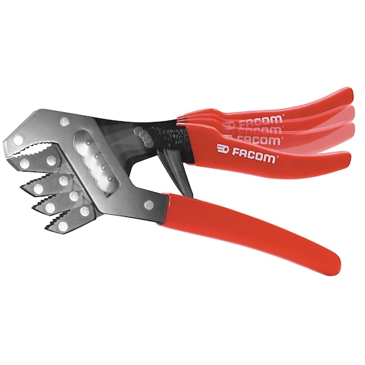 Facom 485_23 adjustable steel pliers with red handles, shown on white background with motion effect.