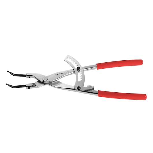 Facom 49732 locking pliers with red handles, angled jaws, side view on white background.