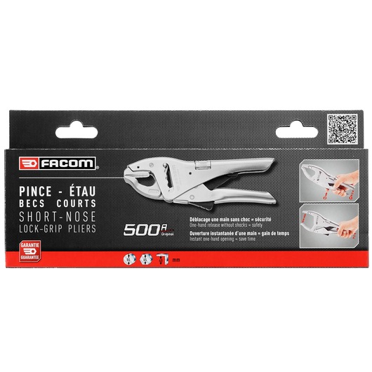 Photo of Facom 500APB short-nose lock-grip pliers in retail packaging, with product illustrations and brand logo, front angle.