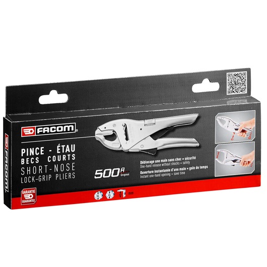 Photo of Facom 500APB short-nose lock-grip pliers in retail packaging, angled view on white background.