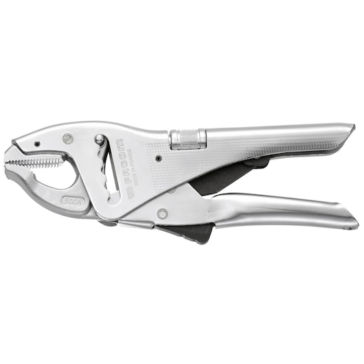 Photo of Facom 500A locking pliers, silver finish, side angle on white background, textured grip handles.