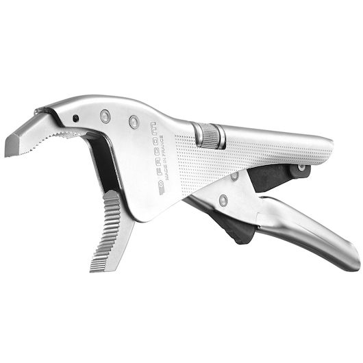 Facom 501AMP locking pliers, silver metal finish, curved serrated jaws, side view on white background.