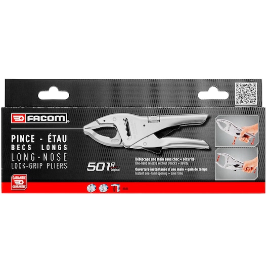 Facom 501APB long-nose lock-grip pliers in retail packaging, silver tool with ergonomic handle, front angle.