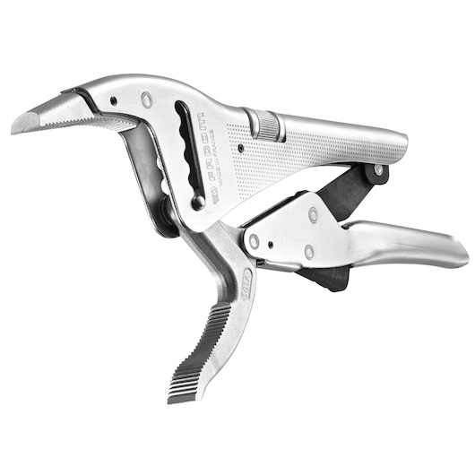 Facom 501A locking pliers, silver metal, side angle, serrated jaws, white background.