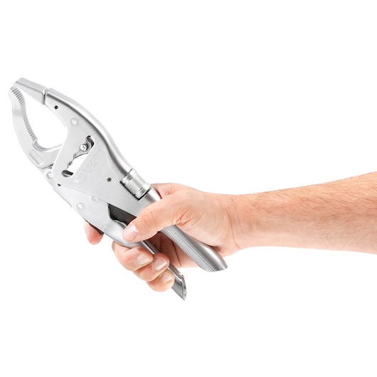 Photo of Facom 501A locking pliers in a hand, silver finish, side angle, white background.