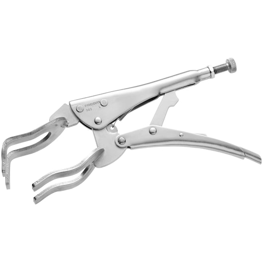 Facom 503 locking welding clamp with curved jaws, silver finish, side angle on white background.