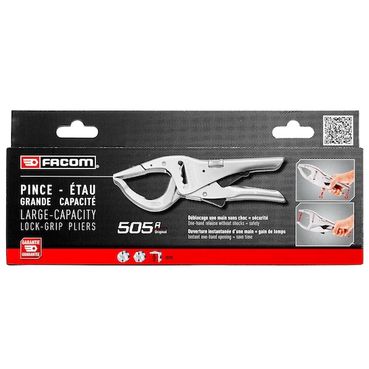 Facom 505APB large-capacity lock-grip pliers in retail packaging, silver tool displayed with usage illustrations, front angle.