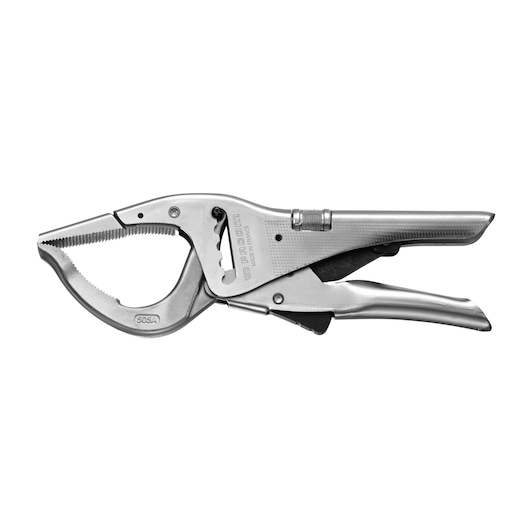 Facom 505A locking pliers with curved serrated jaws, silver finish, side angle, tool category.