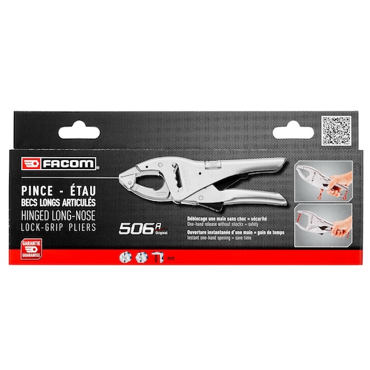 Facom 506APB hinged long-nose lock-grip pliers in retail packaging, photo taken from front on white background.