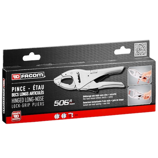 Facom 506APB hinged long-nose lock-grip pliers, packaged, black and red box, front angle.