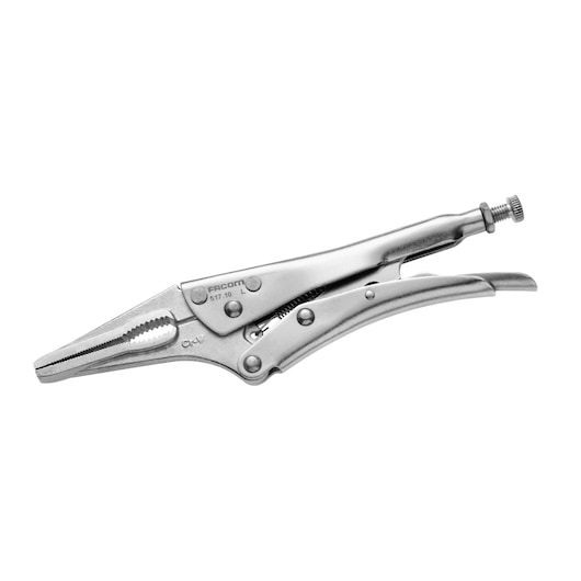 Photo of Facom 517_1 locking pliers with long serrated jaws, silver finish, side angle on white background.