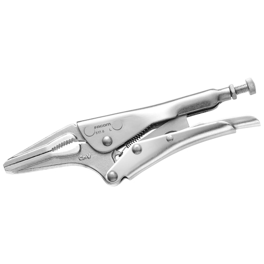 Facom 517_6 locking pliers with curved jaws, silver, side angle on white background.