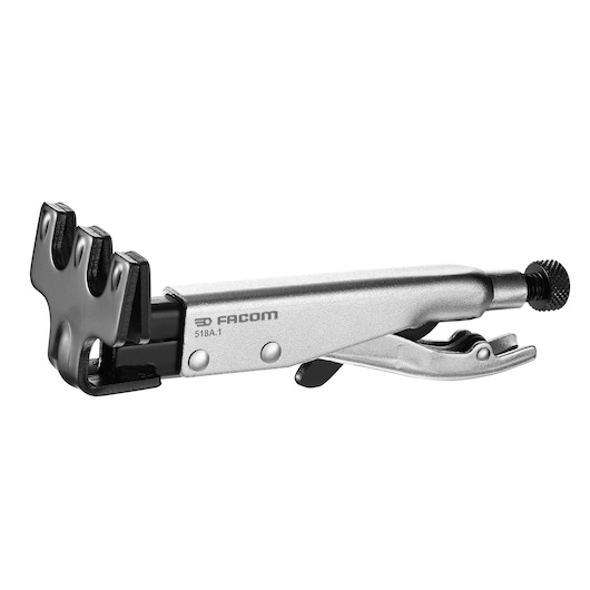 Facom 518A_1 photography of silver locking pliers with flat multi-slot jaw, side angle on white background.
