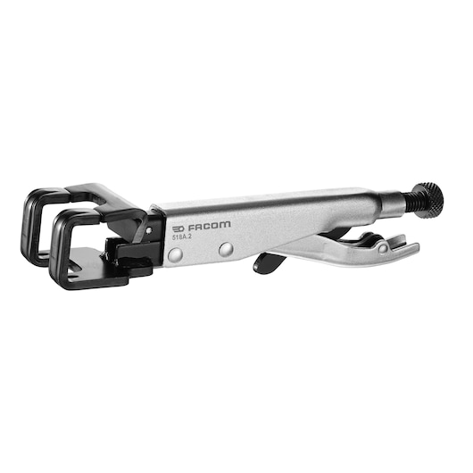 Photo of Facom 518A2 locking clamp with silver body and black adjustable jaws, side angle on white background.