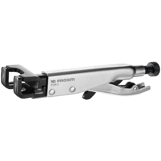 Photo of Facom 518A3 locking hose clamp pliers, silver and black, side view on white background.
