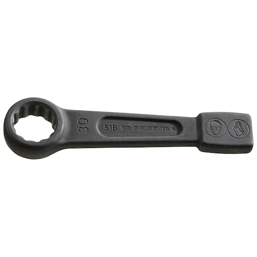 Photo of Facom 51B_2P3_4 box end wrench, black finish, size 30, with safety markings, top angle.