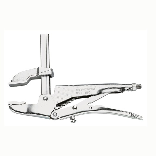 Photo of Facom 521200 locking adjustable clamp, silver metal, side angle on white background.