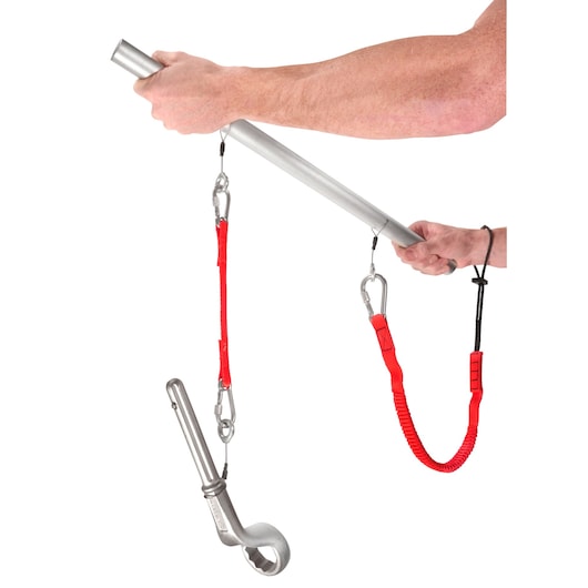 Facom 54M2BSLS safety tether system with red straps, metal pole and wrench, hand demonstration, front view.