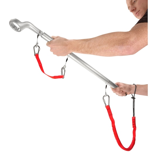 Facom 54M2BSLS box-end torque wrench with red safety lanyards, side angle, held by two hands.