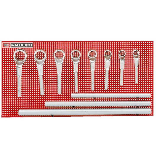 Facom ratcheting wrench set SKU 54P9M displayed on red perforated board, photography, front angle