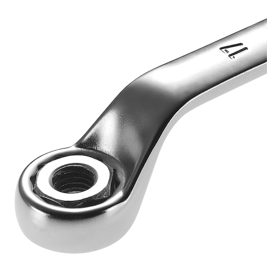 Facom 55A_11_32X13_32 chrome finish offset ring spanner, close-up on angled handle and ring end, white background.