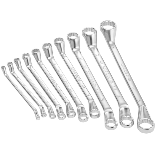 Facom 55AJD10 set of 10 silver offset box wrenches arranged in a row, front angled view, white background.