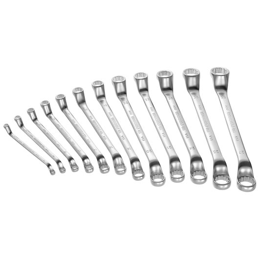 Facom 12-piece offset ring spanner set, chrome finish, SKU 55AJE12, angled side view on white background.