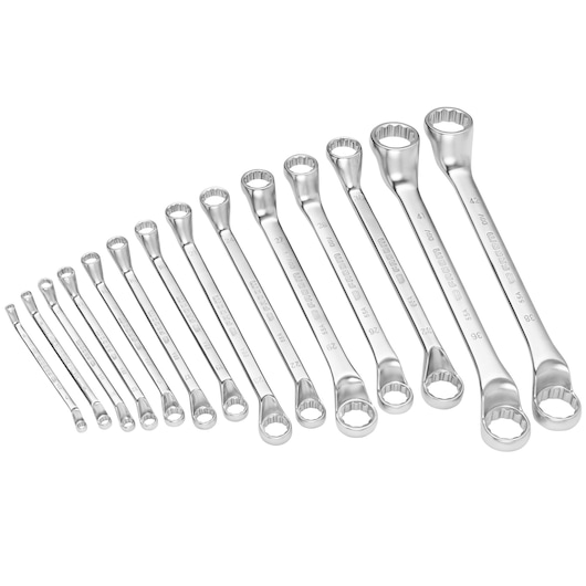 Photo of Facom 55AJE14 combination box end wrench set, 14-piece, chrome finish, arranged on white background, top angle.